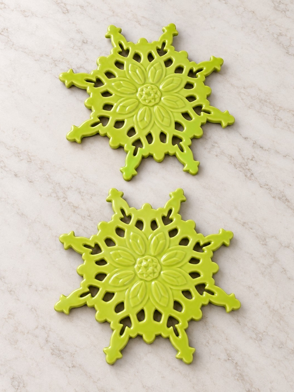 Anthropologie Holiday Ceramic Trivets Set of 2 Lime Green Floral